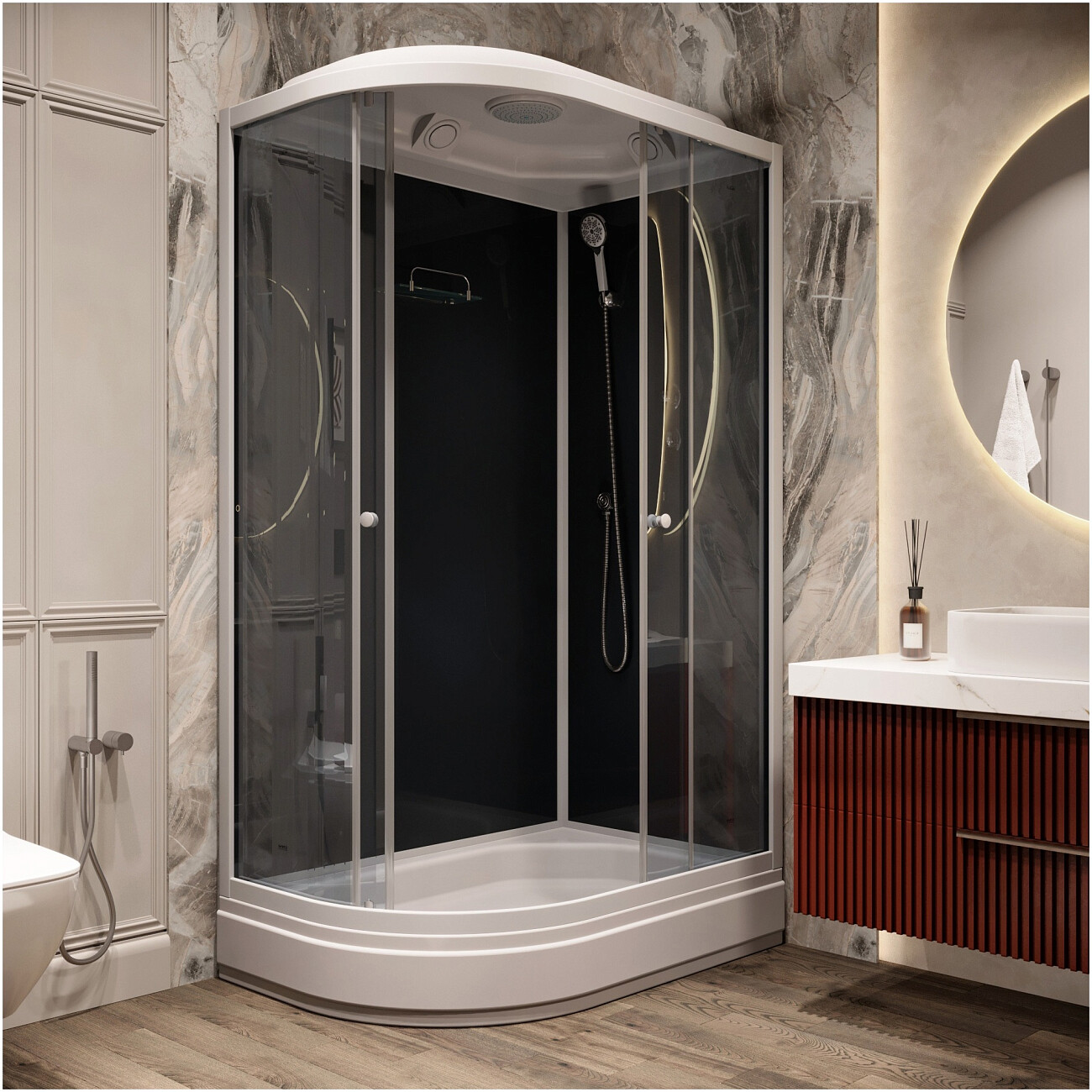 Душевая кабина ассиметричная правая со средним поддоном 80х120 см черная, белая Parly CM121R - изображение 4