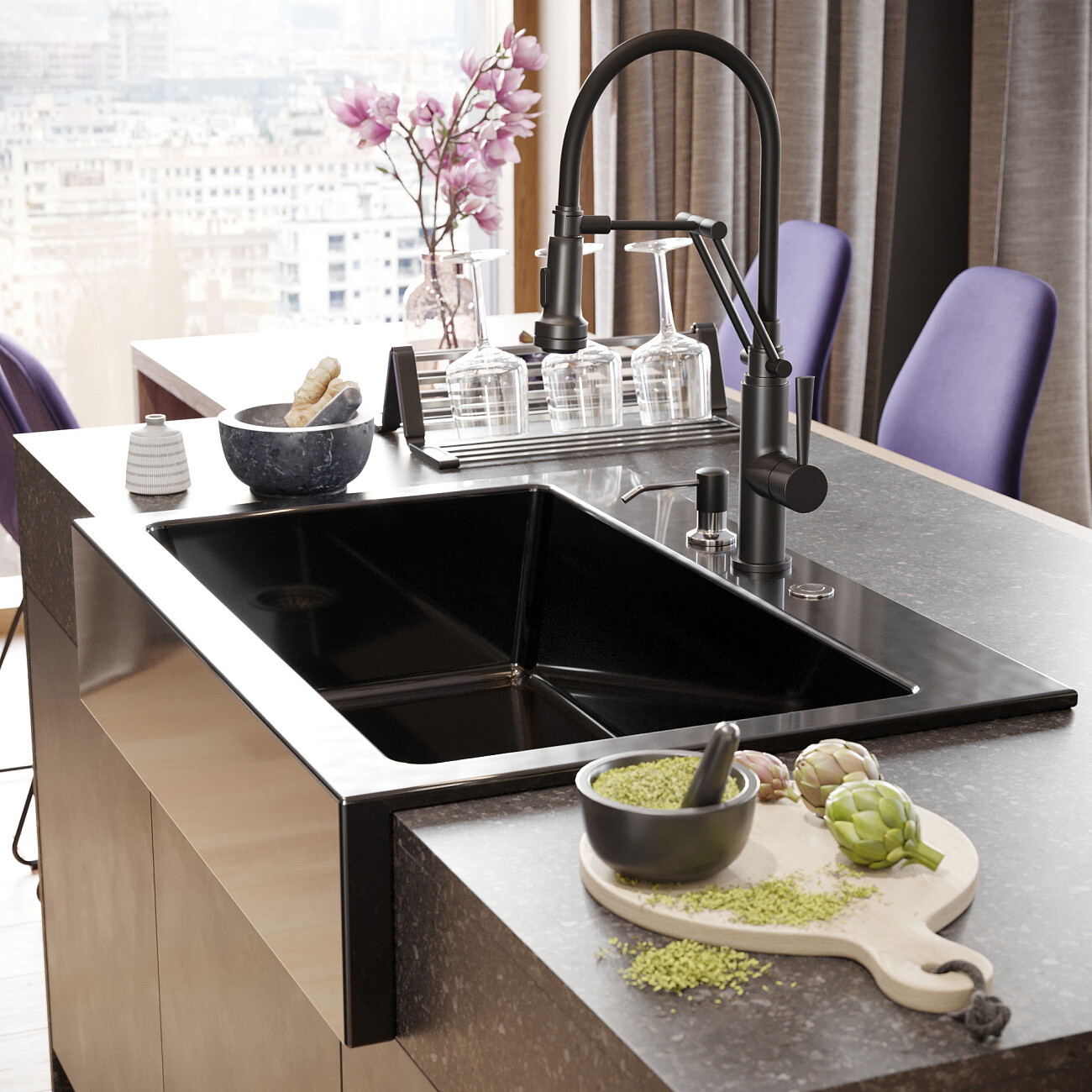 Смеситель для кухни однорычажный с гибким изливом черный Domaci "Равенна" DCB 7012 - изображение 2