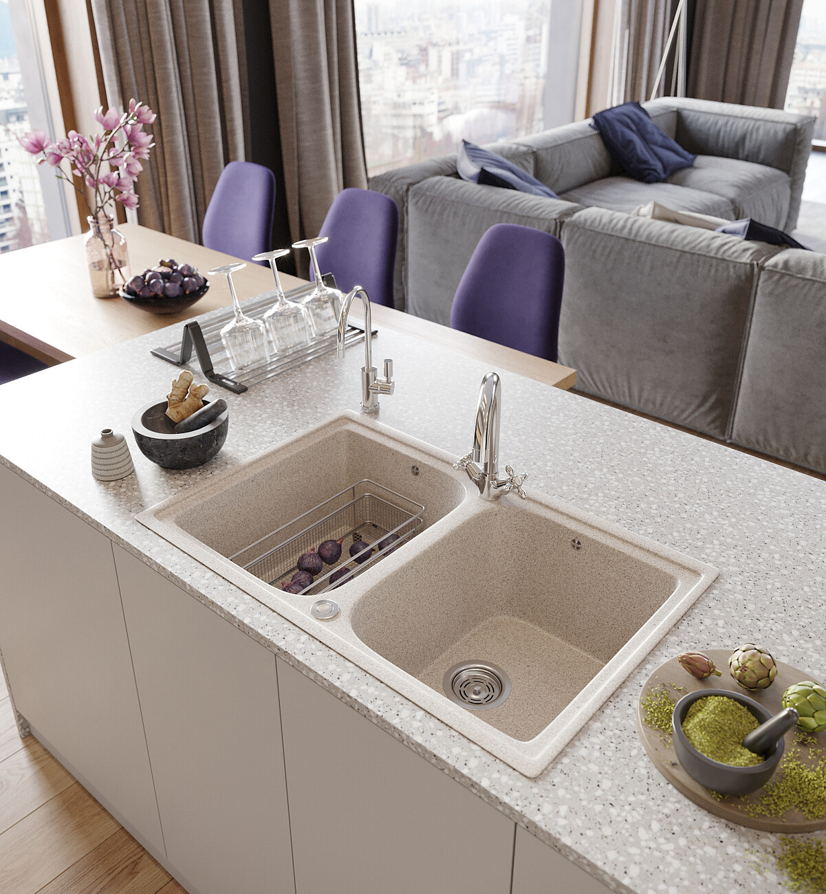 Мойка кухонная прямоугольная мраморная бежевая Domaci "Бьелла" DMC-15-328 - изображение 3