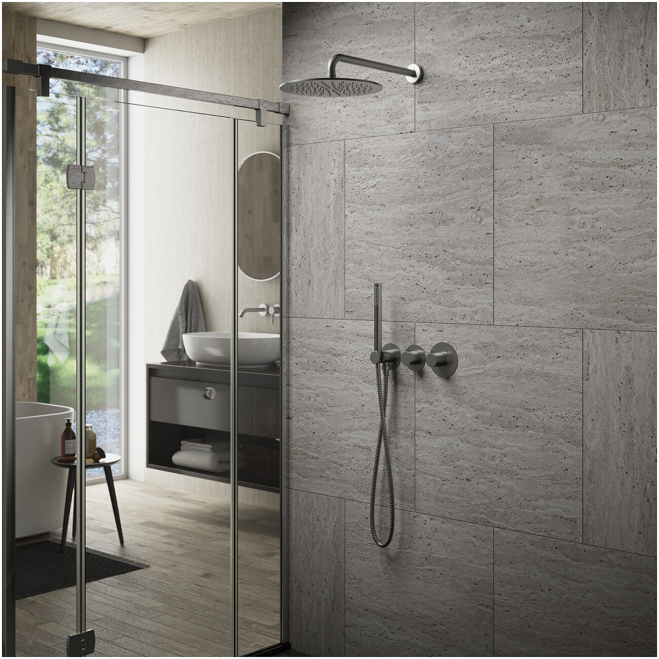 Душевой комплект встраиваемый с верхним душем и термостатом черное золото Timo Saona SX-2359-18SM - изображение 2